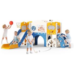 Krovtoy Slide per bambini ispessiti e allargati, scivolo per bambini piccoli indipendente con canestro da basket, attrezzatura per parco giochi con scivolo, per uso in/esterno (Blue arancione 7 in 1)