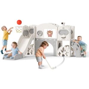 Krovtoy Scivolo per bambini, scivolo per bambini piccoli indipendente con canestro da basket, attrezzatura per parco giochi con scivolo, scivoli all'aperto (Blu Grigio-7 in 1)
