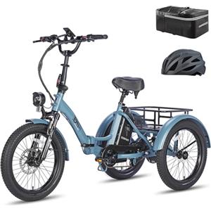 Fafrees Triciclo Elettrica F20 Mate Bici Elettrica Pieghevole per Adulti Batteria Rimovibile 48V18.2Ah Ebike, Bicicletta Elettrica a 3 Ruote 20×3.0, Borsa, Blu, Cestino Posteriore Piccolo