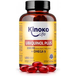 Kinoko life UBIQUINOL Plus 180 Capsule 200 mg Dose Giornaliera Coenzima Q10 Ridotta 100 mg per Capsula con Omega 9 e Olio Extravergine di Oliva Fermentazione Naturale Softgels