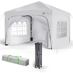 VOUNOT® Gazebo Pieghevole 3x3m Impermeabile, Tenda Esterno Resistente con 4 Pareti Laterali, 4 Sacchi di Sabbia e Sacca di Trasporto, Padiglione Pop up da Giardino, Bianco