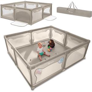 LIONELO WILLOW XL Box Pieghevole Per Bambini, 0-48 Mesi, Ampio Spazio 187 Cm x 207 Cm x 68 Cm, Box Per Neonati in Rete Traspirante, 2 Ingressi Laterali con Zip (Beige, 207x187cm)