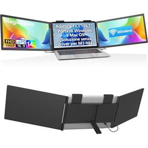 MAGICRAVEN Doppio Schermo PC Portatile， 14" 1080P IPS Doppio Monitor Portatile Wireless e Cablato, Connessione ibrida (1 cavo + wireless) per Laptop da 13,3-16,1", Supporta MacBook M1/M2/M3/M4 e Windows