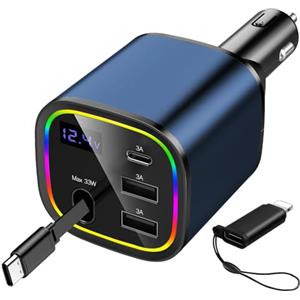 AGEMANY Caricatore Auto Accendisigari USB C 4in1, AGEMANY Retrattile Rapido Carica Batteria per Auto Cellulare con luce RGB per iPhone 16 15 14 13 12, Android, Auto Accessori (Blu)