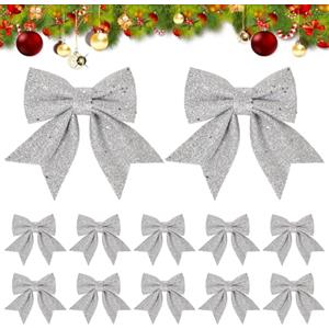 Eclove 12 Fiocchi di Natale, 12 x 11cm Fiocchi Natalizi Glitterati, Fiocchetti Paillettes, Fiocchi Albero di Natale, Decorazioni Natalizie Fiocchi, per Decorazione Regalo, Ghirlanda di Natale (Argento)