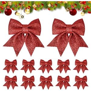 Eclove 12 Fiocchi di Natale, 12 x 11cm Fiocchi Natalizi Glitterati, Fiocchetti Paillettes, Fiocchi Albero di Natale, Decorazioni Natalizie Fiocchi, per Decorazione Regalo, Ghirlanda di Natale (Rosso)