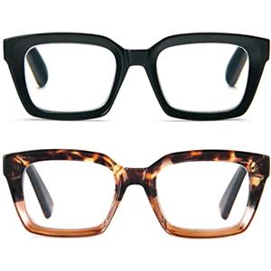 MMOWW Confezione da 2 Occhiali da Lettura Rettangolari - Oversized Square Frame Anti Luce Blu Occhiali donna uomo (Nero+Tartaruga, +1.5)