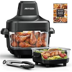 AIRMSEN Friggitrice ad Aria in Vetro - 1500W, 4,5L & 1,2L Contenitori Doppio con Coperchi, Non Tossica, 60-230℃ & 4 Funzioni Preimpostate, Sicura per Microonde, Congelatore & Lavastoviglie