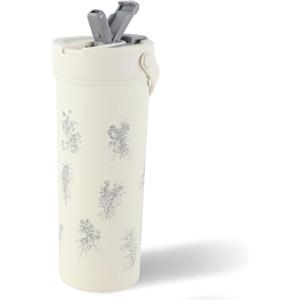 FYting Borraccia Termica,600 ml Borraccia Termica Acciaio Inox con Cannuccia,Senza BPA, con Maniglie, 316 Acciaio Inossidabile, per Preparare tè, Caffè,tè al Latte, Bevande Gassate(Dendrobium)