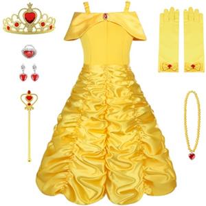 Vicloon Belle Costume, Principessa Belle Costume, Set da Principessa Belle Corona Bacchetta Guanti Treccia, Ragazze Belle Principessa delle Neve Abiti Partito Vestito Costume, Cosplay Party Halloween