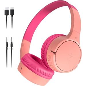Belkin SoundForm Mini Cuffie wireless per bambini con microfono, 30 ore di riproduzione, adesivi divertenti, headset over-ear per didattica online, scuola e viaggi, per iPhone, iPad e Galaxy, rosa