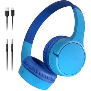 Belkin SoundForm Mini Cuffie wireless per bambini con microfono, 30 ore di riproduzione, adesivi divertenti, headset over-ear per didattica online, scuola e viaggi, per iPhone, iPad e Galaxy, blu