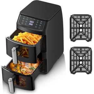 TopStrong Friggitrice ad aria calda a doppia camera, 2500 W, verticale Double Stack Airfryer 2 camere con finestra di visualizzazione, design salvaspazio, 6 funzioni, cottura uniforme e memoria