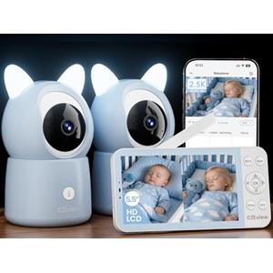 CZEview 5,5" 2.5K Baby Monitor Video e Audio, Luce Notturna & Musica, Telecamera Bambini, Controllo Tramite APP Mobile & Monitor, Rilevamento di Grida/Movimento (Blu con 2 telecamere)