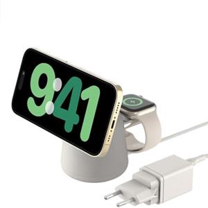 Belkin BoostCharge Caricabatteria wireless 2 in 1 con Qi2 da 15 W, caricatore MagSafe per iPhone 16, 15, 14, 13, 12, Apple Watch, AirPods e altri dispositivi Qi2, alimentatore incluso, grigio sabbia