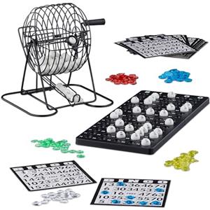 Relaxdays Tombola Automatica, Gioco del Bingo con Cesto in Metallo, Giochi di Società, 20x17,5x21,5 cm,Kit Completo,nero