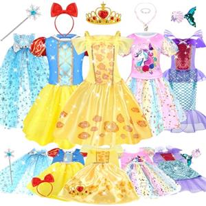 Dreamon Vestito Principessa Bambina Costume 5 Pezzi Accessori Come Scettro Corona Collana Forcina Regali Bambini Compleanno Carnevale per 3 4 5 Anni