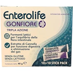 Enterolife Gonfiore Integratore Fermenti Lattici Probiotici con FOS, Cannella ed Enzimi Digestivi DigeZyme® - Tripla Azione per Equilibrio Flora Intestinale, Digestione e Gas - 20 Stick Pack