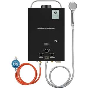 EagerMinds Scaldacqua a gas propano GPL 7L, scaldabagno istantaneo senza serbatoio 14 kw con kit doccia,con maniglia portatile, bruciatore per caldaia per campeggio, camper, casa (nero)