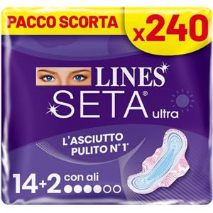 LINES SETA ULTRA GIORNO con ali, Pacco scorta da 240 assorbenti per ciclo mestruale, ali ad incastro perfetto, zero odori, Ipoallergenico, cuore lines super assorbente,filtrante seta con fori a imbuto