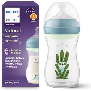 Philips Avent Biberon Nighttime a Risposta Naturale da 260 ml, con tettarella a flusso medio (Flusso 3), con anello fosforescente, design "Sleepy Sloth", SCY903/81