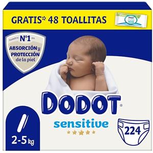 Dodot Pannolini per bambini sensitivi, taglia 1 (2-5 kg), 224 pannolini + regalo di 40 salviettine Aqua Pure 99% acqua, fino a 12 ore di protezione anti-perdite e cura della pelle, confezione mensile