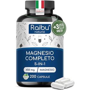 RAIBU Magnesio Completo - Complex 5 in 1: Bisglicinato, Citrato, Malato, Carbonato e Ossido - 450 mg di magnesio elementare - Stanchezza e Fatica* - 200 Capsule, Senza OGM, vegano, ad alto dosaggio