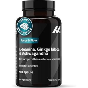 Nyvos L Teanina, Ginkgo Biloba, Ashwagandha - Nootropico con Bacopa Monnieri, caffeina naturale, vitamine B6 & B12 ad alto dosaggio | Focus, concentrazione & energia senza nervosismo | 90 capsule vegane