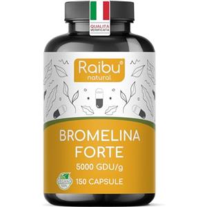 RAIBU Bromelina Forte Drenante 5000 GDU/g - Bromelina Gastroprotetta ad Alto Dosaggio - Azione Drenante & Detox - Enzima Naturale da Ananas - 150 Capsule