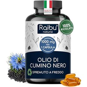 RAIBU Olio di Cumino nero 1000 mg (Nigella Sativa Originale) - 1 Sola Softgel al Giorno, Fornitura per 6 Mesi - Spremuto a Freddo - 180 Capsule Black Seed Oil, Senza Magnesio Stearato né OGM