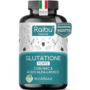 RAIBU Glutatione Forte Ridotto - L-Glutatione con NAC, Acido Alfa-Lipoico & L-Glicina - Antiossidante, Bioattivo, Ottenuto per Fermentazione - 250 mg per Capsula - 90 Capsule Vegane, Senza Additivi, Raibu