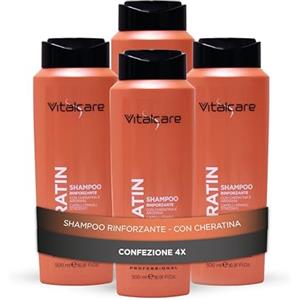 Vitalcare | Keratin - Shampoo Rinforzante per Capelli, Deterge con Delicatezza i Capelli Fragili e Stressati, con Cheratina e Arginina, 4 x 500 ml