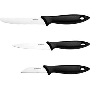 Fiskars Set di 3 Coltelli, Spelucchino, Coltello per Verdure, Coltello per Pomodori, Essential, Acciaio Inox / Plastica PP, Nero, 1065584