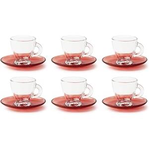 Excelsa Petra Set 6 Tazzine Caffè con Piattino, Vetro, Trasparenti e Rosso, Capacità 90 Ml.