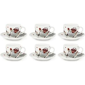 Excelsa 64953, Snowman Set 6 Tazzine Caffè con Piattino, Porcellana, Decoro Natalizio