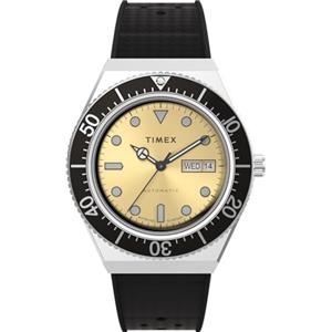 Timex Orologio automatico da uomo Timex Q da 40 mm, cinturino in gomma sintetica, in acciaio inox, quadrante champagne, cassa in acciaio inox TW2W47600