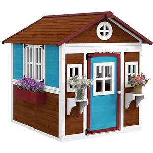 Outsunny Casetta per Bambini 3-8 Anni con Tetto Inclinato, Vasi e Fioriere, Casetta da Gioco in Legno di Abete, 114x126.4x135 cm, Marrone, Blu, Bianco, Rosso