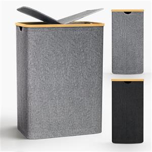 capocica Cesto Portabiancheria Sporca Grande, 140L Cesto Biancheria Sporca per Bagno in Bambú con Coperchio, Cesta Panni Sporchi con Manici per Bagno, Lavanderia, Camera da Letto per Salvaspazio-Grigio