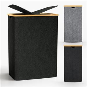 capocica Cesto Portabiancheria con Coperchio, 140L Portabiancheria Sporca con 2 Sacco per la Biancheria Rimovibile, Cesto Biancheria Sporca, cesta portabiancheria &Pieghevole con Manici in Bambù-Nero