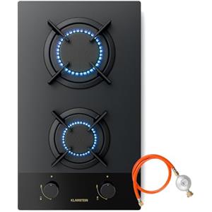 KLARSTEIN Goldflame Nano - Piano Cottura a Gas, 2 Fuochi, Vetro Temperato & Bruciatori in Ottone, 4200W, Accensione Automatica, Protezione Fiamma, Kit di Conversione GPL/GN, Rivestimento Nano