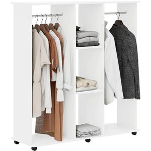 HOMCOM Stand Appendiabiti con 6 Ruote, Appendiabiti da Terra con 5 Ripiani e 2 Aste per Vestiti, Guardaroba Porta Abiti in Legno e Alluminio, per Camera da Letto Soggiorno Corridoio Ingresso, Bianco