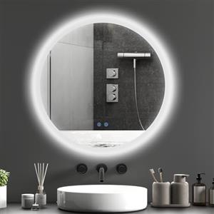 kleankin Specchio Bagno Rotondo con Luce LED Ø70cm, 3 Colori Luce, 3000-6500K, Interruttori Touch, Specchio da Parete Antideflagrante con Luminosità Regolabile, Funzione Memoria, Antiappannamento
