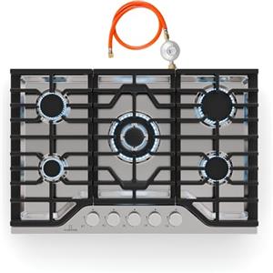 KLARSTEIN Turbocast - Piano Cottura a Gas, 5 Bruciatori, Acciaio Inox 304, Wok: 3,4 kW, Accensione Elettrica, Sicurezza Antifiamma, Kit per GPL Incluso, Fornello a Gas Professionale, 750x100x500 mm