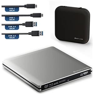 techPulse120 Masterizzatore esterno USB 3.1 USB-C UHD 4k 3D M-DISC Blu-ray DVD CD BDXL HDR10 128GB masterizzatore Burner Superdrive BD Imperator borsa 90 cm cavo alluminio Argento