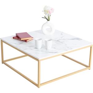 meublescosy MEUBLE COSY Tavolino da Caffè Tavolini da Salotto Divano Tavolo Quadrata con Piano Effetto Marmo Struttura in Metallo per Soggiorno, Camera da Letto, Montaggio Facile, Bianco + Oro, 80x80x34cm