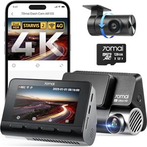 70mai Dash Cam A810S, 4K+1080P Telecamera Auto Fronte e Retro con SD 128GB, Starvis 2 HDR, GPS Integrato, Sorveglianza Parcheggio 24h AI, Visione Notturna, ADAS, WiFi & App, Supporta 512GB