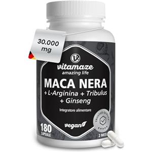 Vitamaze - amazing life Complesso di Maca Nera Altamente Dosato, 30.000 mg per Dose Giornaliera, 500 mg di Estratto di Maca 20:1 con L-Arginina, Tribulus, Ginseng, Zinco, Vitamine B, 180 Capsule Vegane, Made in Germany