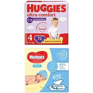 Huggies Pacchetto di Huggies Ultra Comfort Pannolini Mutandina, Taglia 4 (9-14 Kg), Confezione da 72 Pannolini Mutandina + Huggies Pure Salviette Umidificate per Bambini, 672 Salviette