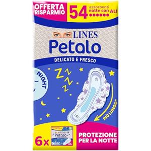 LINES PETALO ULTRA NOTTE con ali, Pacco scorta da 54 assorbenti per ciclo mestruale, ali ad incastro perfetto, zero odori, Ipoallergenico, cuore lines super assorbente, con filtrante seta