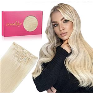 WENNALIFE Extension Capelli Veri Clip, 55cm 70g 7Pezzi Biondo Platino Chiaro Extension Clip Capelli Veri Lisci Umani Extension Con Clip Naturali Extension Capelli Veri